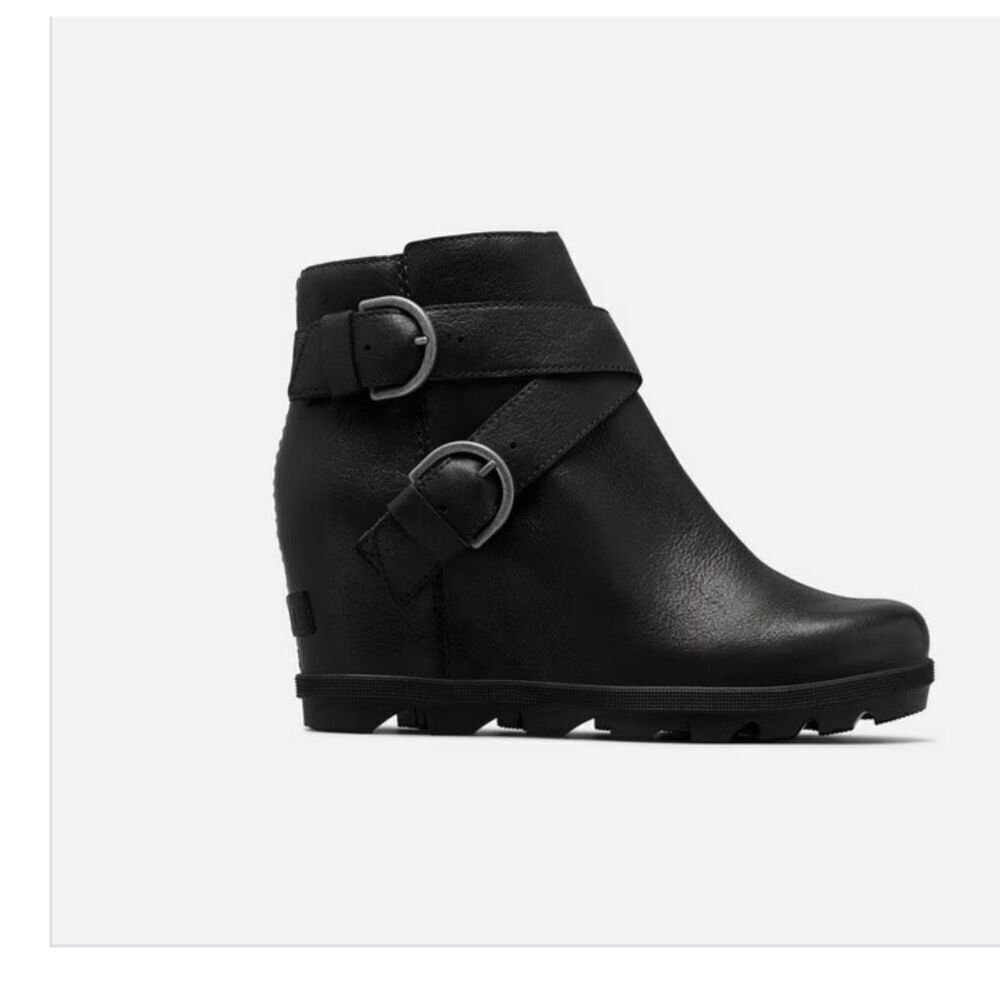 Sorel Joan of Artic Wedgel Leather Ankle Boots Black Buckle 6
